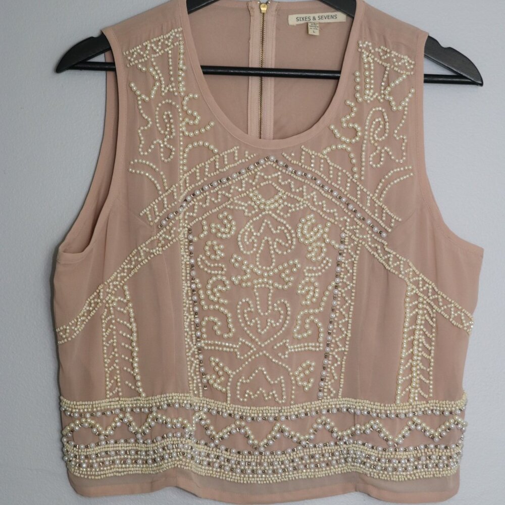 Elegant Vintage-Inspired Beaded Cropped Tank Top – Blush (Size L)